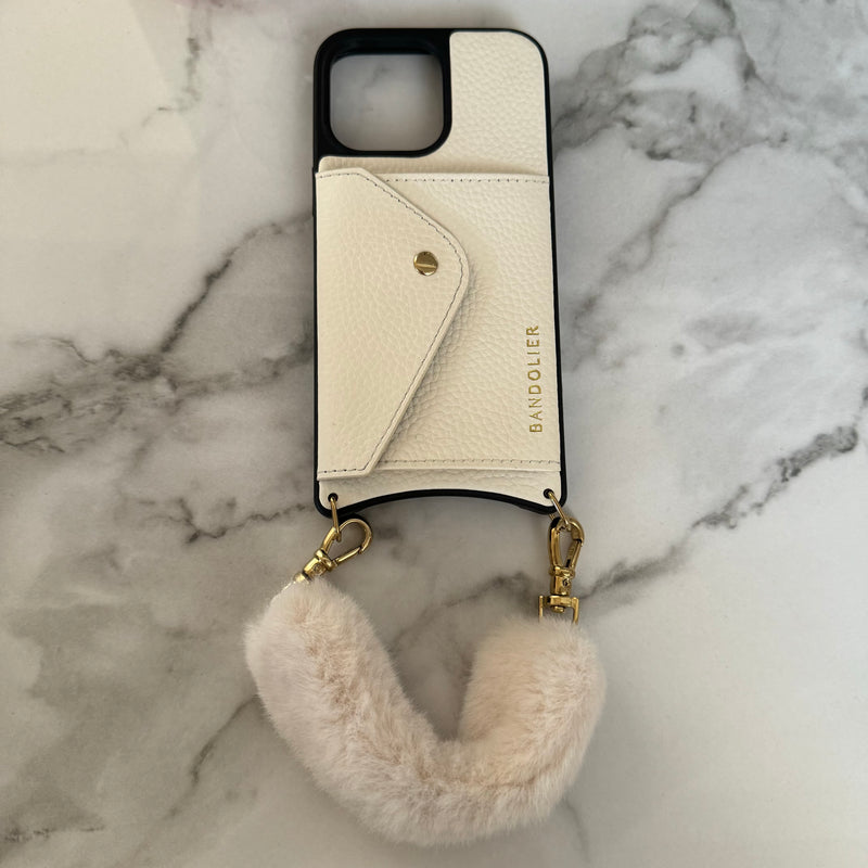 iphone 14 pro max case bandolier white leather with fur strap iphone 14 pro max case bandolier white leather with fur strap