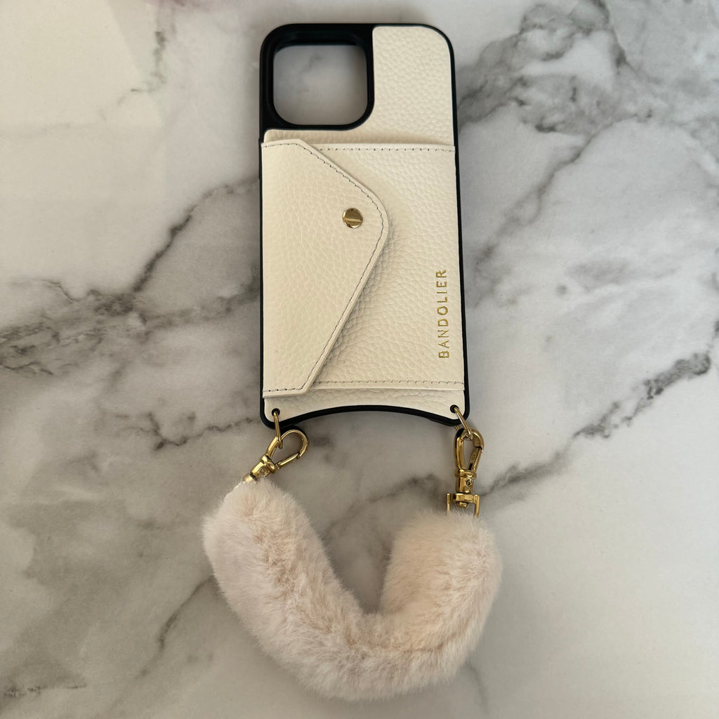 iphone 14 pro max case bandolier white leather with fur strap – park + beach