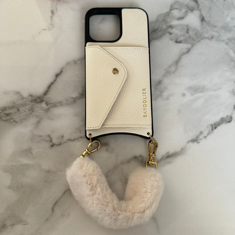 iphone 14 pro max case bandolier white leather with fur strap
