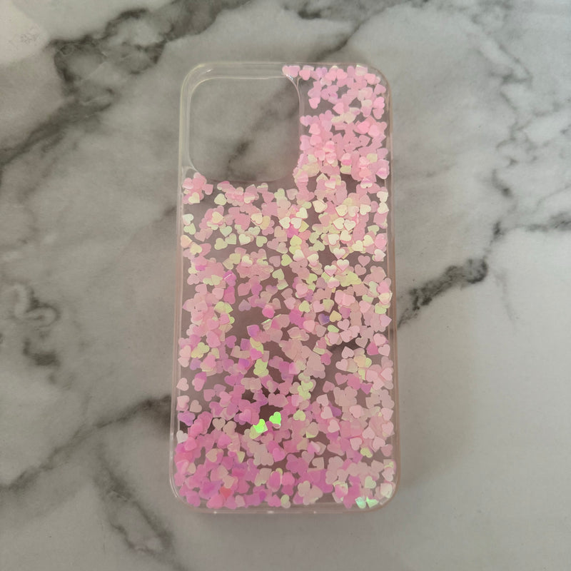 iphone 14 pro max case pink heart confetti